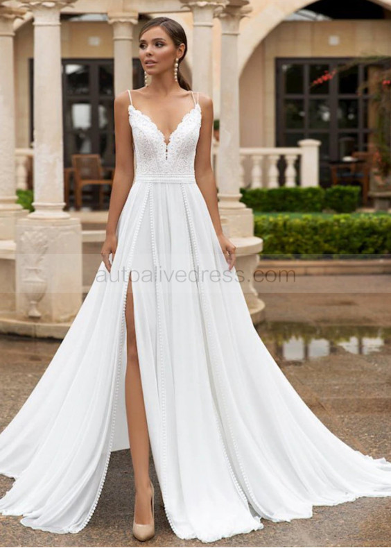 Double Strap White Lace Chiffon Side Split Boho Wedding Dress